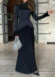 Fashion Black Wrinkled Patchwork Silk Long Dress Fall