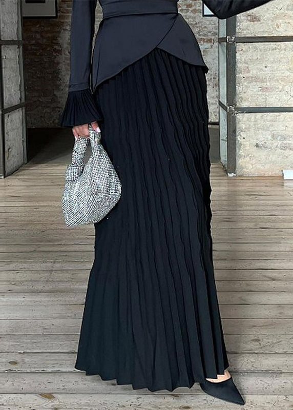 Fashion Black Wrinkled Patchwork Silk Long Dress Fall