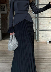 Fashion Black Wrinkled Patchwork Silk Long Dress Fall