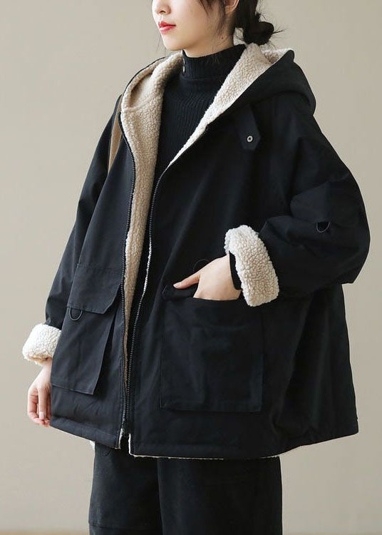 Fashion Black Zip Up Pockets Thick Fuzzy Wool Lined Cotton Hoodie Coat Winter