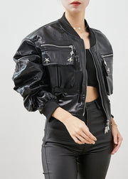 Fashion Black Zip Up Rivet Faux Leather Jackets Spring