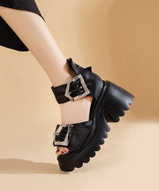 Fashion Black Zippered Sandals Buckle Strap Chunky Sandals