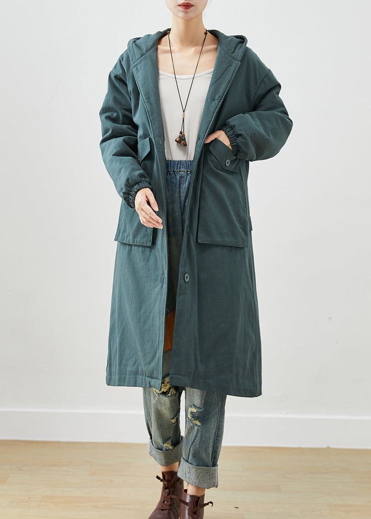 Fashion Blackish Green Hooded Pockets Thick Warm Fleece Trench Fall