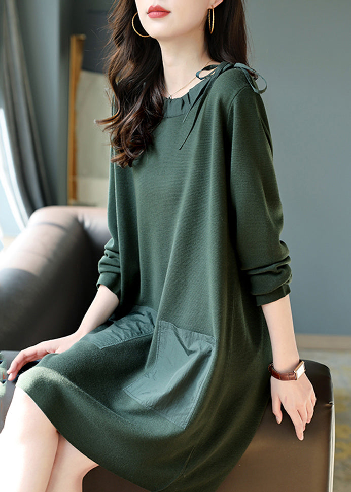 Fashion Blackish Green Oversized Drawstring Cotton Dress Spring