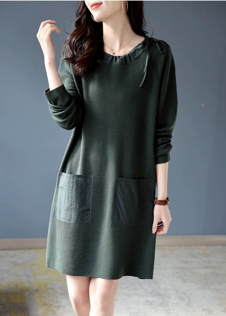 Fashion Blackish Green Oversized Drawstring Cotton Dress Spring