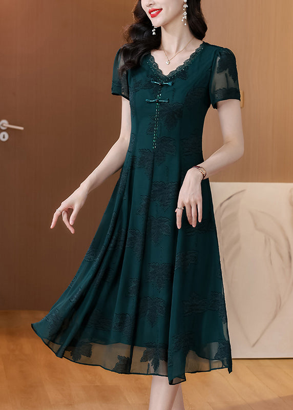 Fashion Blackish Green V Neck Embroidered Chiffon Long Dress Summer