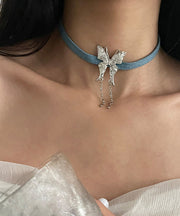 Fashion Blue Alloy Leather Rope Butterfly Tassel Pendant Necklace