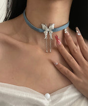 Fashion Blue Alloy Leather Rope Butterfly Tassel Pendant Necklace