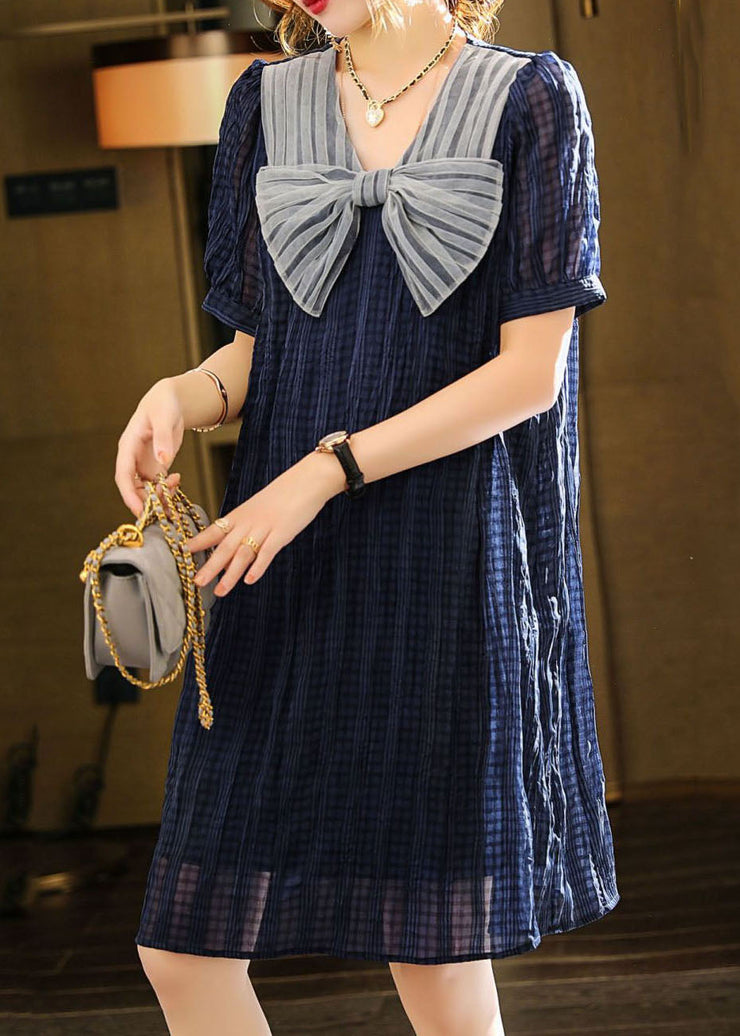 Fashion Blue Bow Patchwork Chiffon Mid Dress Summer