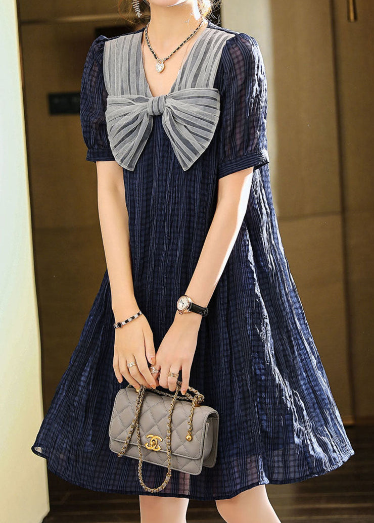 Fashion Blue Bow Patchwork Chiffon Mid Dress Summer