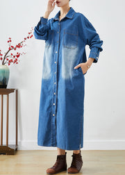 Fashion Blue Button Down Side Open Denim Trench Coats Fall