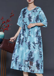 Fashion Blue Cinched Print Chiffon Long Dresses Summer