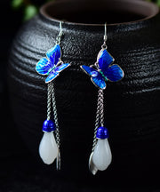 Fashion Blue Floral Paitings Silver Gem Stone Drop Earrings