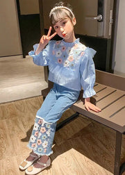 Fashion Blue Floral Ruffled Cotton Tops And Denim Pants Baby Girls Two Pieces Set Fall