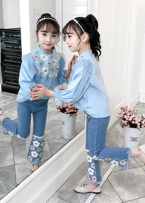 Fashion Blue Floral Ruffled Cotton Tops And Denim Pants Baby Girls Two Pieces Set Fall