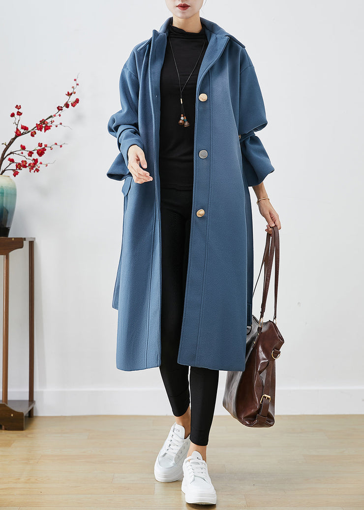 Fashion Blue Grey Peter Pan Collar Tie Waist Woolen Trench Fall