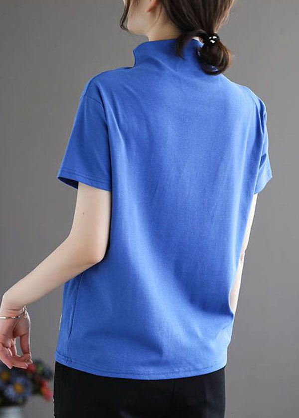 Fashion Blue Hign Neck Patchwork Cotton Top Half Sleeve