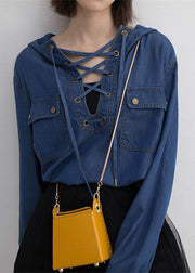 Fashion Blue Hooded Lace Up Denim Shirt Tops Long Sleeve