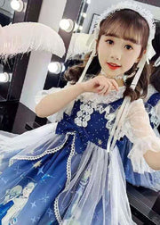 Fashion Blue Lace Patchwork Tulle Kids Long Dress Short Sleeve