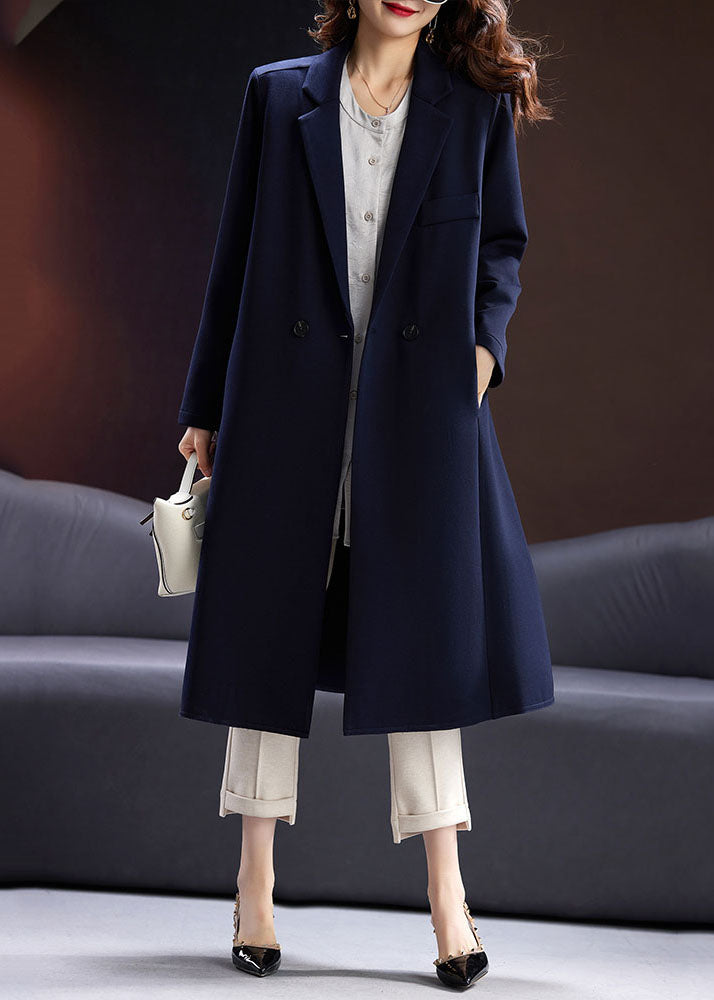 Fashion Blue Notched Button Pockets Long Coats Fall