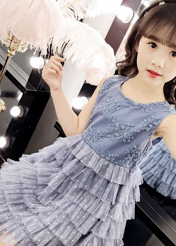 Fashion Blue O-Neck Embroideried Dot Patchwork Tulle Girls Party Mid Dress Sleeveless