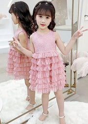 Fashion Blue O-Neck Embroideried Dot Patchwork Tulle Girls Party Mid Dress Sleeveless