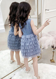 Fashion Blue O-Neck Embroideried Dot Patchwork Tulle Girls Party Mid Dress Sleeveless