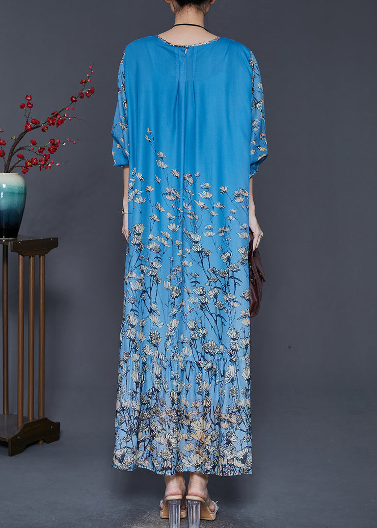 Fashion Blue Oversized Floral Silk Beach Dress Spring