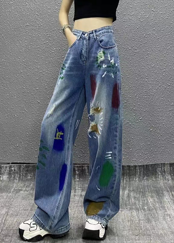 Fashion Blue Paintings Pockets High Waist Denim Wide Leg Pants Spring