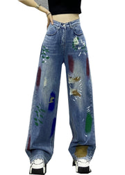 Fashion Blue Paintings Pockets High Waist Denim Wide Leg Pants Spring