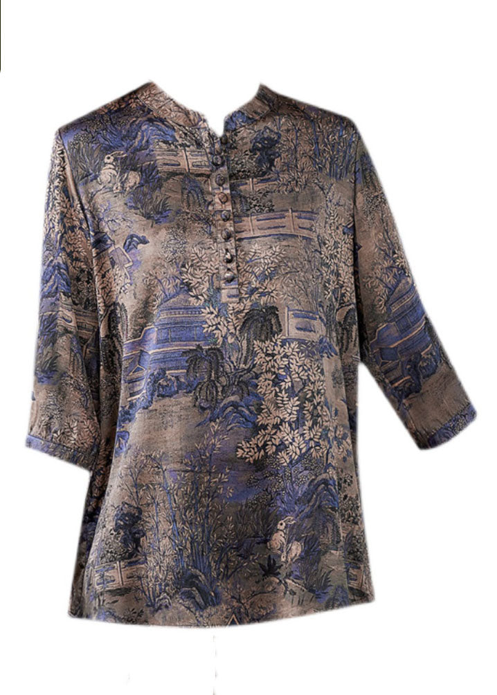 Fashion Blue Patchwork Print Button Silk Blouse Tops Summer