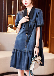 Fashion Blue Peter Pan Collar Patchwork Ruffles Denim Dresses Summer