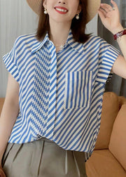 Fashion Blue Peter Pan Collar Striped Button Low High Design Silk Shirts Summer