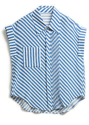 Fashion Blue Peter Pan Collar Striped Button Low High Design Silk Shirts Summer