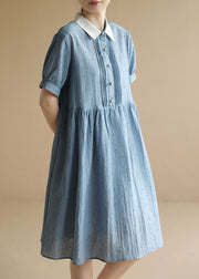 Fashion Blue Peter Pan Collar Wrinkled Button Cotton Holiday Dress Short Sleeve