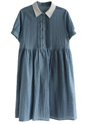 Fashion Blue Peter Pan Collar Wrinkled Button Cotton Holiday Dress Short Sleeve