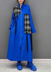 Fashion Blue Peter Pan Collar Zippered Patchwork Tassel Maxi Coat Spring