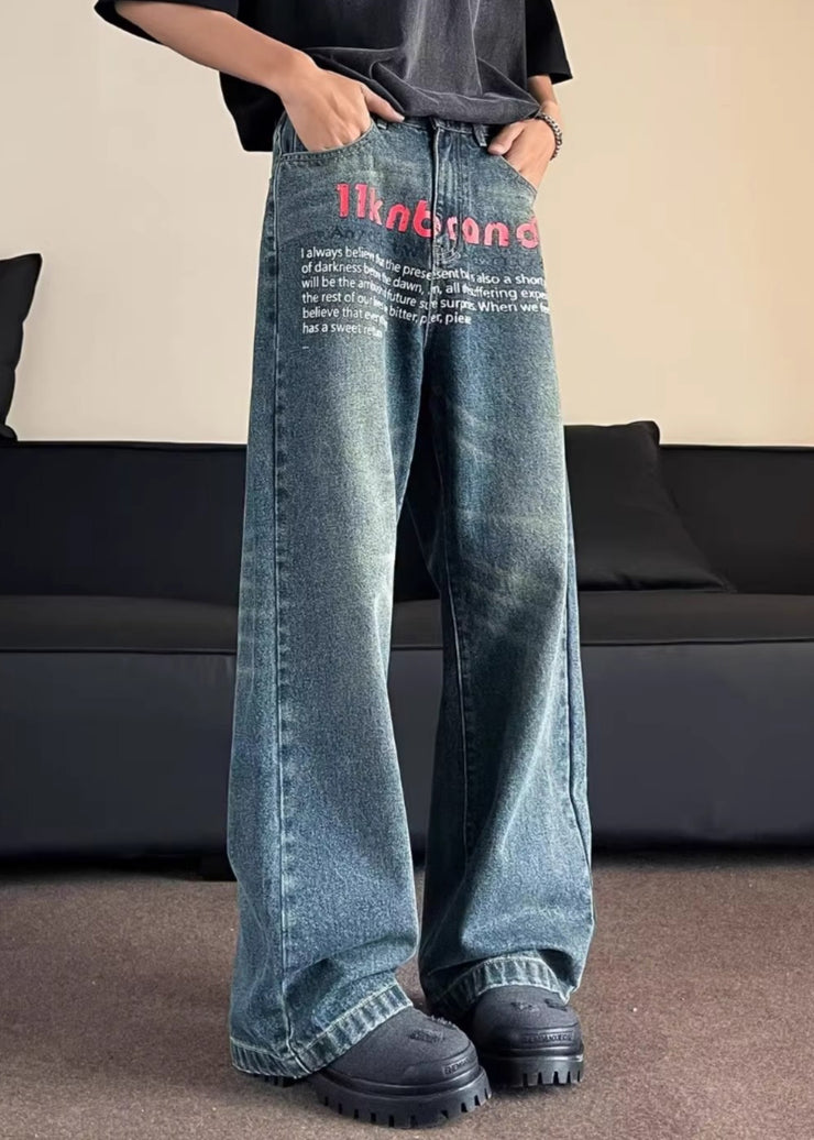 Fashion Blue Pockets Graphic Men Straight Jeans