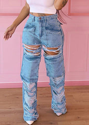 Fashion Blue Pockets Patchwork Ripped Jeans Summer