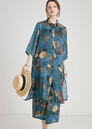 Fashion Blue Print Side Open Chiffon Two Pieces Set Summer