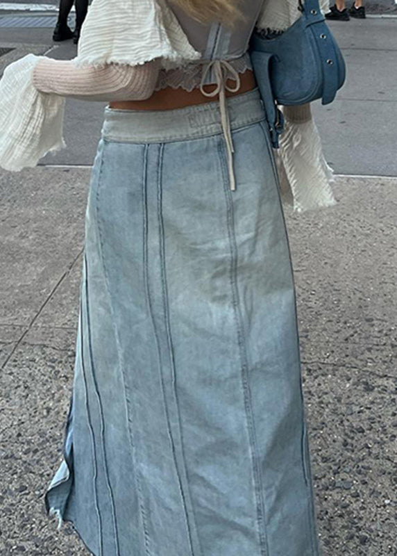 Fashion Blue Ruffled Side Open Patchwork Denim Skirts Summer