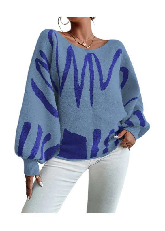 Fashion Blue Slash Neck Knit Sweaters Lantern Sleeve