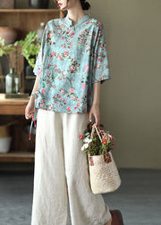 Fashion Blue Stand Collar Print Chinese Button Linen Shirt Half Sleeve