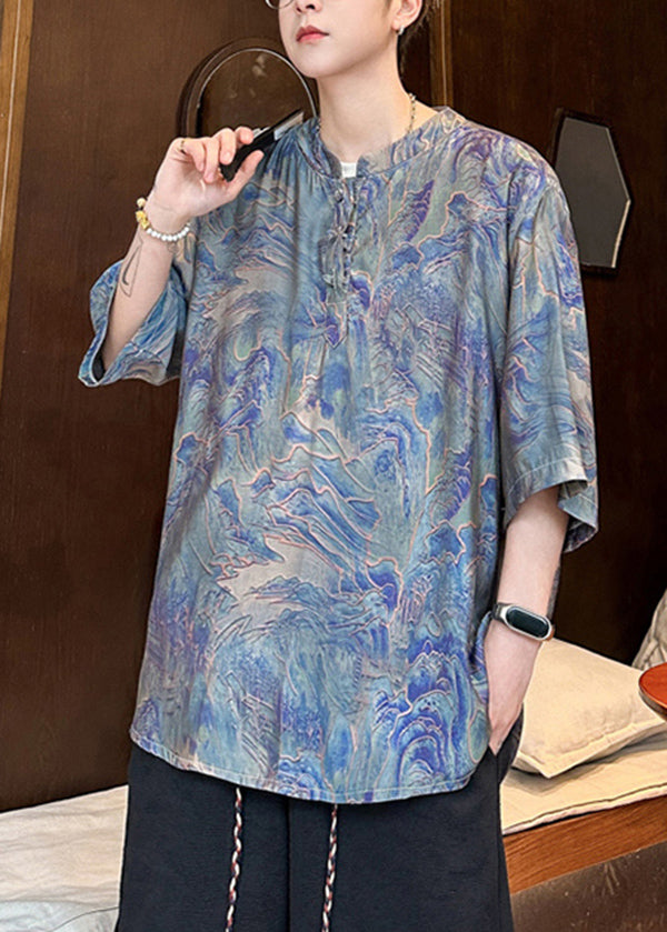 Fashion Blue Stand Collar Print Men Ice Silk T Shirts Summer