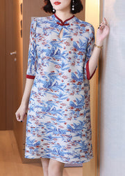 Fashion Blue Stand Collar Print Wrinkled Button Mid Dress Half Sleeve