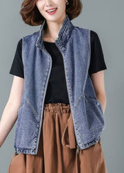 Fashion Blue Stand Collar Zippered Patchwork Denim Waistcoat Fall