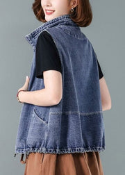 Fashion Blue Stand Collar Zippered Patchwork Denim Waistcoat Fall