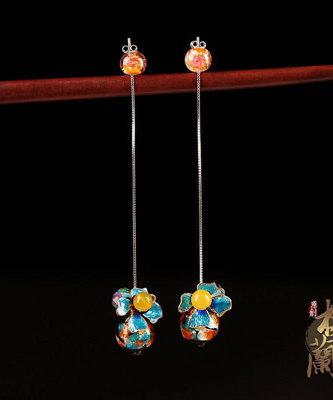 Fashion Blue Sterlin Silver Cloisonne Coloured Glaze Yellow Agate Drop Earrings