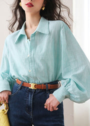 Fashion Blue Striped Peter Pan Collar Shirt Lantern Sleeve