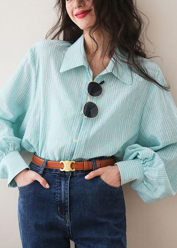 Fashion Blue Striped Peter Pan Collar Shirt Lantern Sleeve